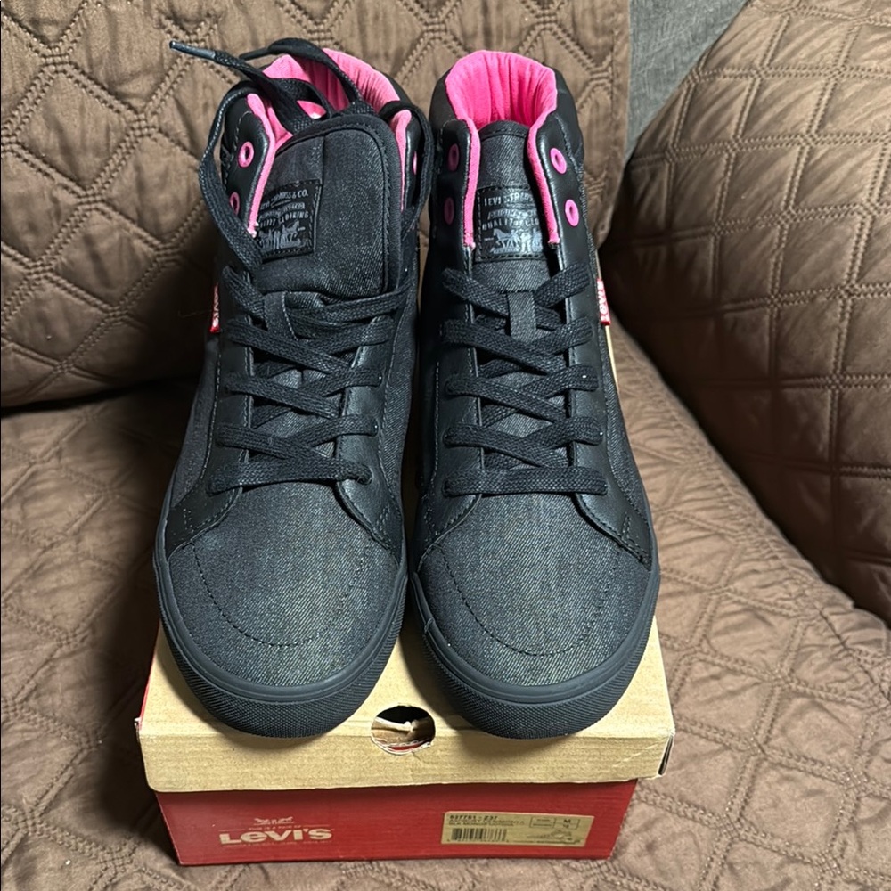 Levi's Black and Pink Sneakers with Suede Upper